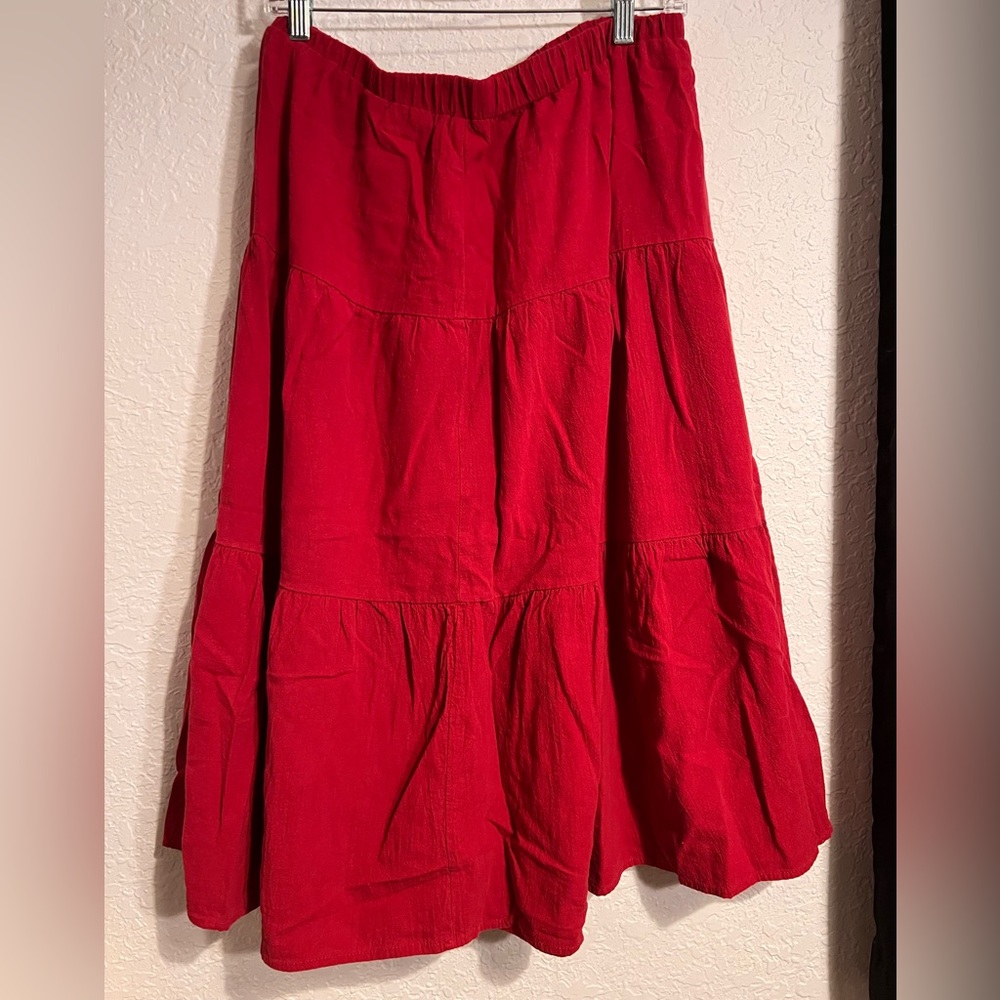 Red tiered midi skirt